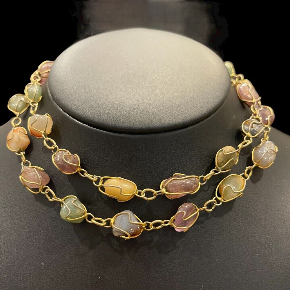 Vintage Artisan Wire Wrapped Semi Precious Stone Cage Necklace Handmade